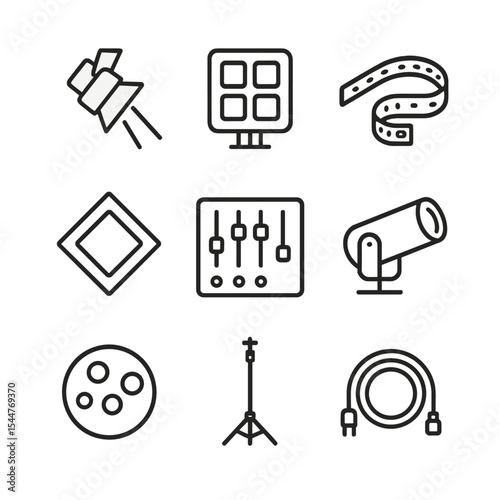 Lighting Icon Set. Outline icon set of lighting design: spotlight beam, floodlight panel, LED strip, color gel, dimmer board,
