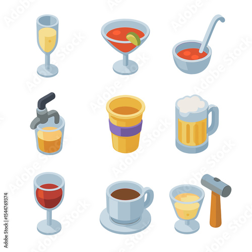 Party Drink Icons. Isometric Flat icon set of cups in parties and events: champagne plastic flute, cocktail cup, punch bowl ladle,