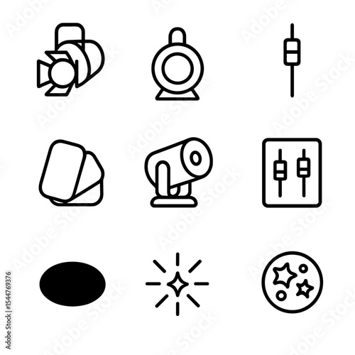 Lighting Icons Set. Outline icon set of lighting cues backstage: spotlight icon, cue light lamp, dimmer slider, color gel swatch,