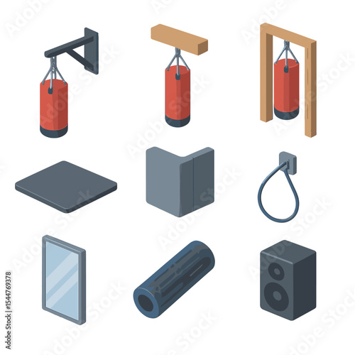 Home Gym Icon Set. Isometric Flat icon set of home gym punching bag corner: wall mount bracket, ceiling beam, door frame hook,