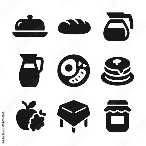 Family Breakfast Icons. Solid, filled icons set of family breakfast table: butter dish, bread loaf, coffee pot