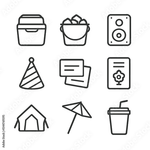 Party Essentials Icons. Outline icon set of party essentials: cooler box, ice bucket, speaker, party hat, RSVP card, invitation,