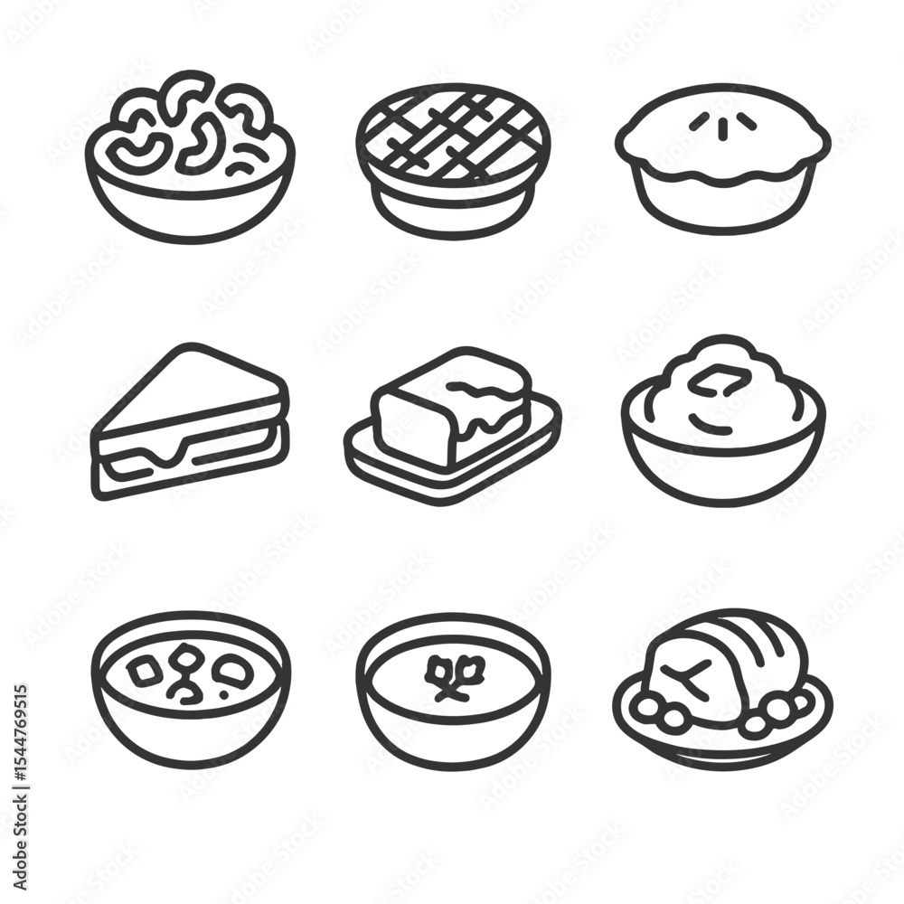 Comfort Food Icons. Outline icon set of comfort foods: macaroni and cheese, shepherd’s pie, chicken pot pie, grilled cheese, Comfort Food Icons. Outline icon set of comfort foods: macaroni and cheese, shepherd’s pie, chicken pot pie, grilled cheese,