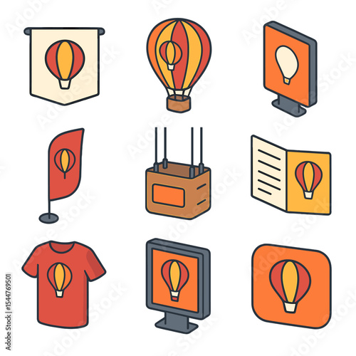 Hot Air Balloon Merchandise. Isometric Flat icon set of hot air balloon advertising and branding: logo banner, custom envelope