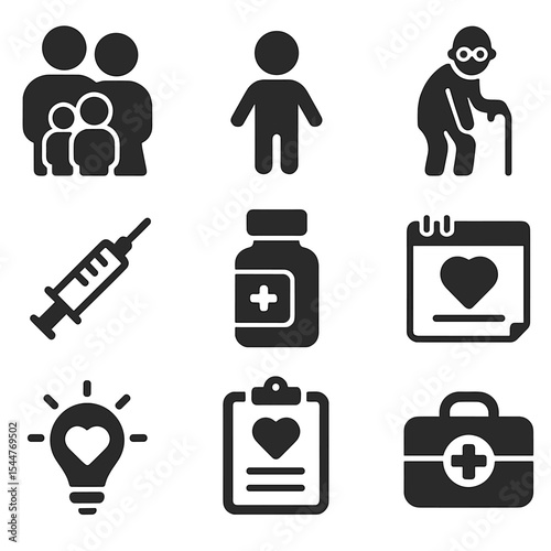 Family Medicine Icons. Solid, filled icons set of family medicine practice: family icon, child patient, senior