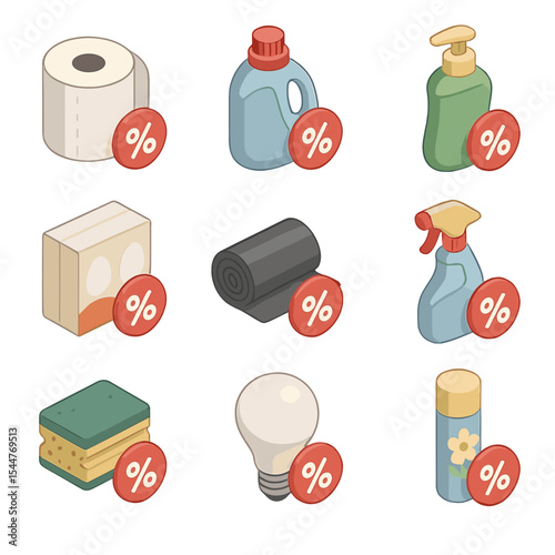 Household Essentials Icons. Isometric Flat icon set of household essentials discounts: toilet paper roll, laundry detergent bottle