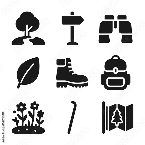 Family Nature Icons. Solid, filled icons set of family nature walks and hikes: tree path, trail marker,