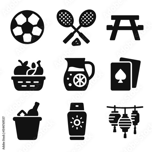 Family Outdoor Fun Icons. Solid, filled icons set of family outdoor fun: soccer ball, badminton set, picnic