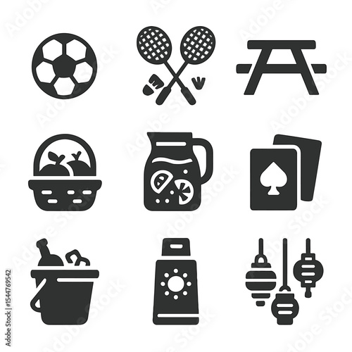 Family Outdoor Fun Icons. Solid, filled icons set of family outdoor fun: soccer ball, badminton set, picnic