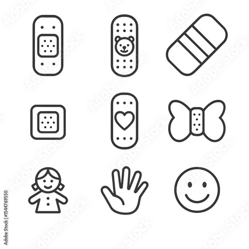 Pediatric Bandage Icons. Outline icon set of pediatric bandage designs: cartoon bandage, animal sticker bandage, colorful tape,