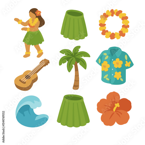 Hula Dance Icon Set. Isometric Flat icon set of hula dance troupe: hula dancer, grass skirt, lei garland, ukulele, palm tree,