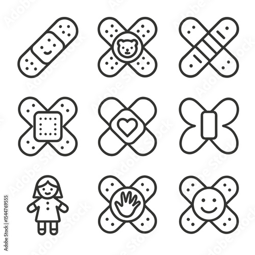 Pediatric Bandage Icons. Outline icon set of pediatric bandage designs: cartoon bandage, animal sticker bandage, colorful tape,