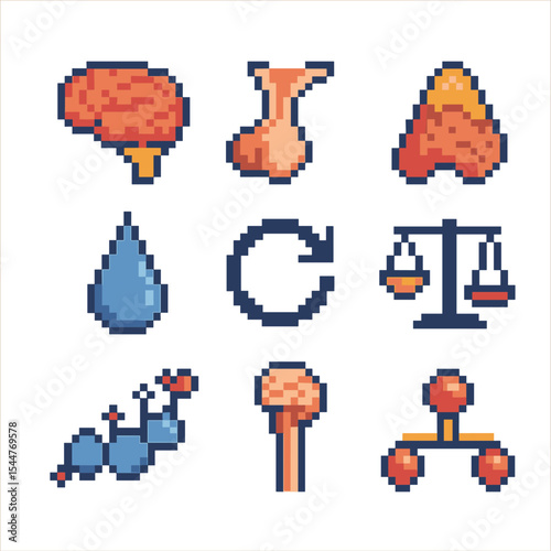 HPA Axis Icon Set. Pixel art icon set of HPA axis dysregulation: hypothalamus icon, pituitary gland, adrenal gland, hormone