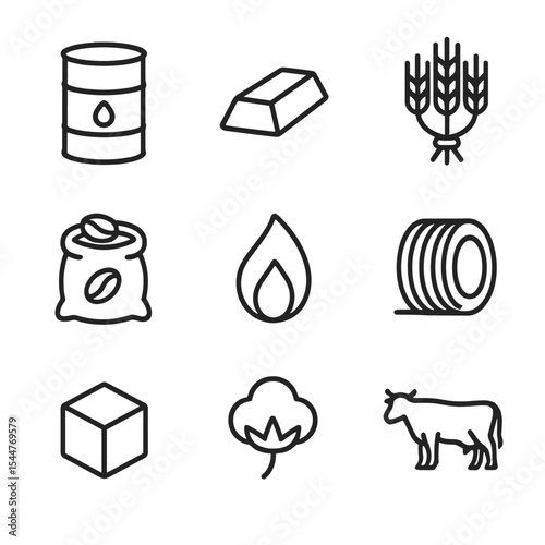 Commodities Trading Icons. Outline icon set of commodities trading: crude oil barrel, gold ingot, wheat bundle, coffee bean sack,