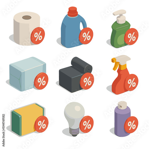 Household Essentials Icons. Isometric Flat icon set of household essentials discounts: toilet paper roll, laundry detergent bottle