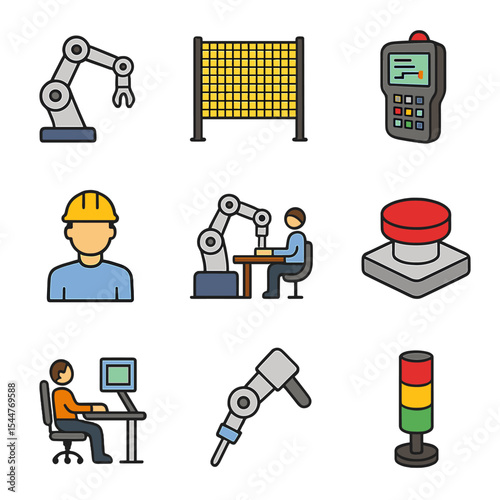 Human-Machine Icon Set. Isometric Flat icon set of human–machine collaboration: cobot arm, safety fencing, teach pendant, operator