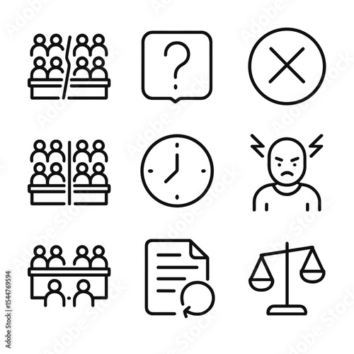 Hung Jury Icons. Outline icon set of hung jury: split vote, question mark, deadlock symbol, divided group, clock, frustration, tie