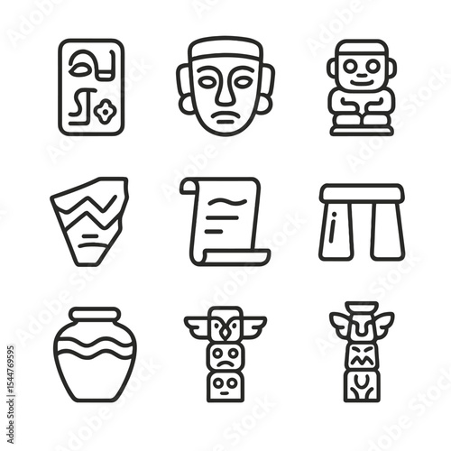 Lost Civilization Icons. Outline icon set of lost civilization finds: carved glyph, ceremonial mask, golden idol, pottery shard,