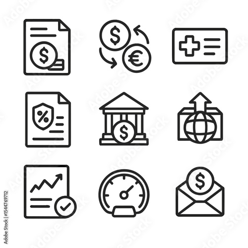 Compensation Icons Grid. Outline icon set of global compensation and benefits: salary slip, currency exchange, tax form, health