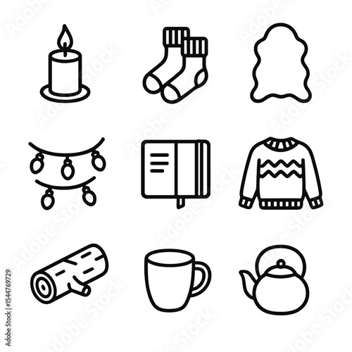 Hygge Lifestyle Icons. Outline icon set of cozy hygge lifestyle: candle, wool socks, sheepskin rug, tea kettle, string lights,