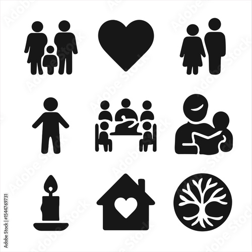 Family Values Icons. Solid, filled icons set of family values and love: family icon, heart icon, parent icon,