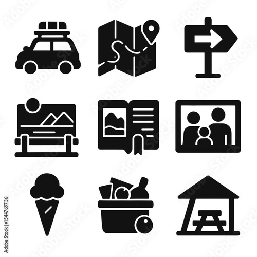 Family Vacation Icons. Solid, filled icons set of family-friendly vacation routes: packed family car, travel