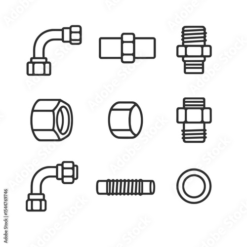 Hydraulic Hose Icons. Outline icon set of hydraulic hose components: crimp fitting, tube adapter, male stud coupling, female JIC