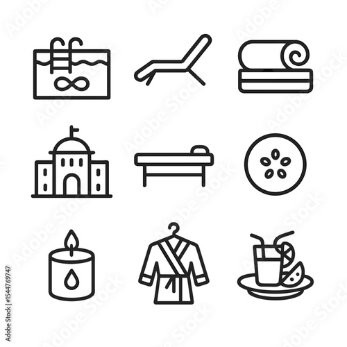 Luxury Spa Icons. Outline icon set of luxury thermal spa resorts: infinity pool, lounge chair, towel service, spa building,