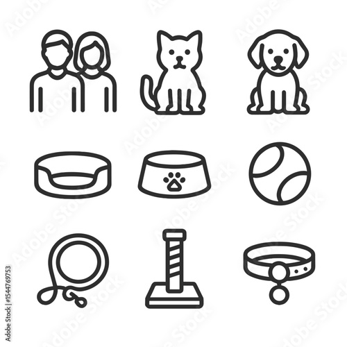 Pet Icons Collection. Outline icon set of couple with pets: cat, dog, pet bed, food bowl, toy ball, leash, scratching post, collar