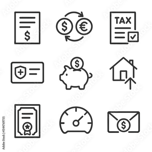 Compensation Icons Grid. Outline icon set of global compensation and benefits: salary slip, currency exchange, tax form, health