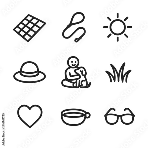 Pet Cuddle Icons. Outline icon set of outdoor pet cuddles: picnic blanket, leash, sun, hat, pet sitting, grass, heart, portable