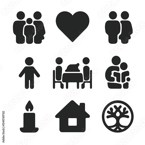 Family Values Icons. Solid, filled icons set of family values and love: family icon, heart icon, parent icon,