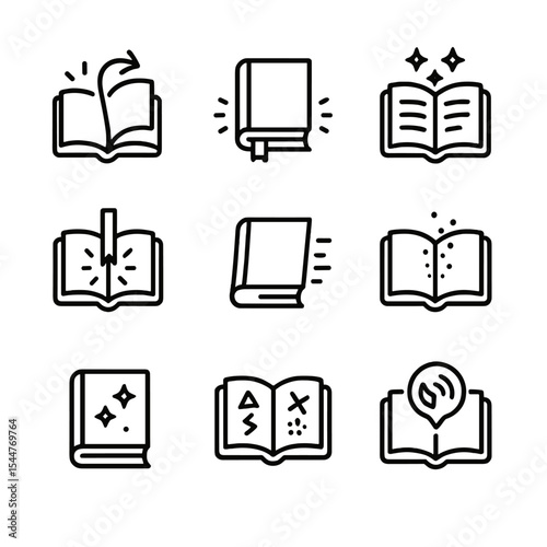 Magical Book Icon Set. Outline icon set of magical book interactions: page turn aura, tome levitation, text glow, bookmark beam,