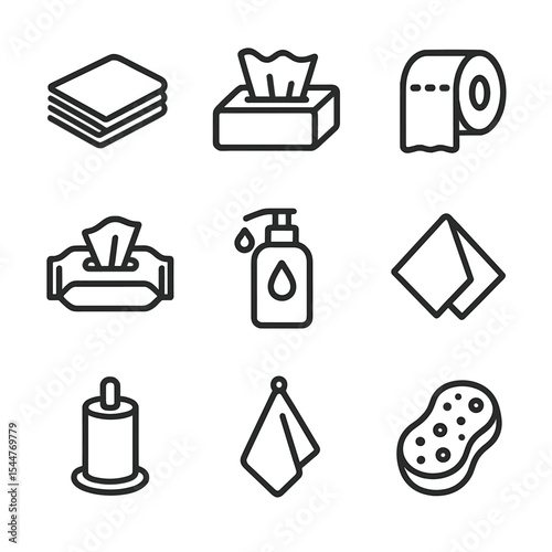 Hygiene Icons Set. Outline icon set of related hygiene products: napkin stack, facial tissue box, toilet paper roll, wet wipe