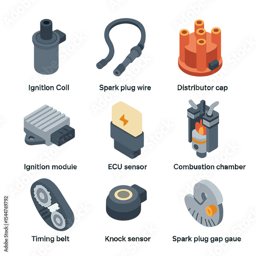 Ignition System Icons. Isometric Flat icon set of Ignition and Combustion Systems: ignition coil, spark plug wire, distributor cap