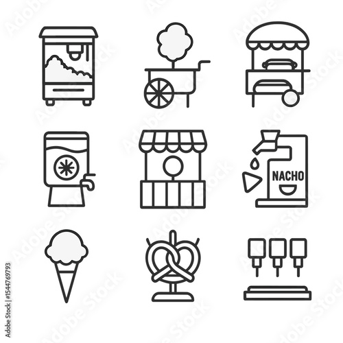 Concession Stand Icons. Outline icon set of concession stands: popcorn machine, cotton candy cart, hot dog stand, lemonade