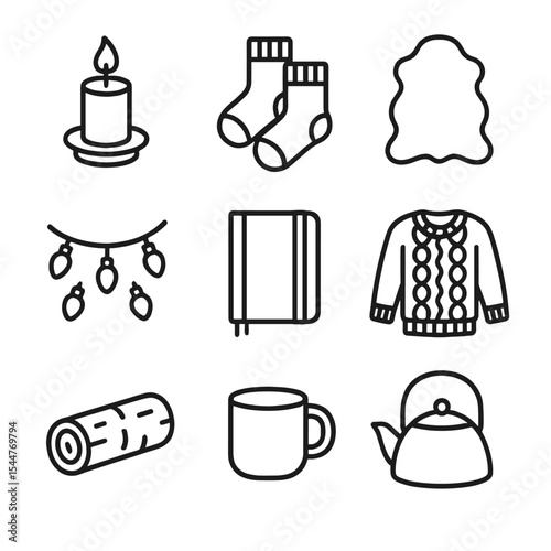 Hygge Lifestyle Icons. Outline icon set of cozy hygge lifestyle: candle, wool socks, sheepskin rug, tea kettle, string lights,