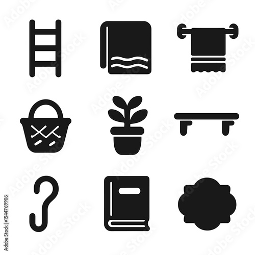 Farmhouse Storage Icons. Solid, filled icons set of farmhouse-inspired ladder storage: ladder icon, blanket