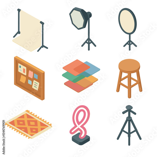 Photoshoot Props Icons. Isometric Flat icon set of photoshoot and content props: studio backdrop, softbox light, reflector panel,