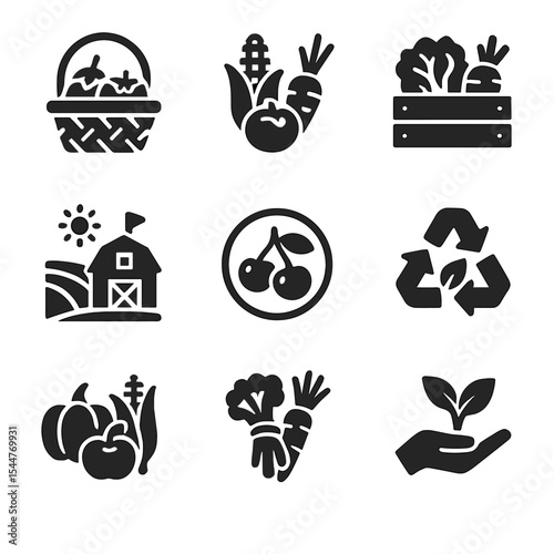 Farm-To-Table Icons. Solid, filled icons set of farm-to-table freshness: farmer’s market basket, fresh harvest, vegetable crate, local farm icon, fresh picked symbol, 