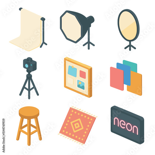 Photoshoot Props Icons. Isometric Flat icon set of photoshoot and content props: studio backdrop, softbox light, reflector panel,