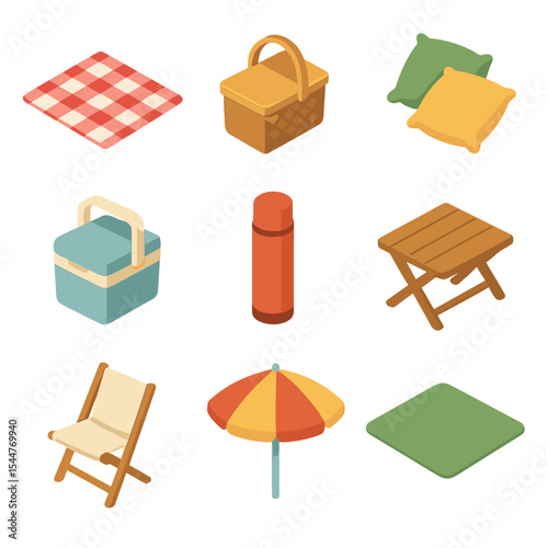 Picnic Essentials Icons. Isometric Flat icon set of picnic blanket essentials: picnic blanket, basket, lazily laid pillows,