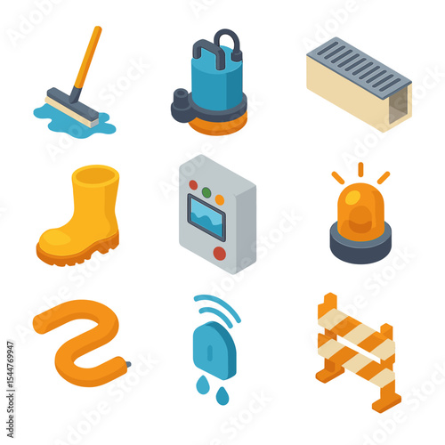 Industrial Flooding Icons. Isometric Flat icon set of Industrial Flooding and Drainage: industrial mop, water pump, drainage