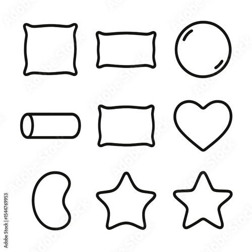 Pillow Shape Icons. Outline icon set of pillow shapes: square, lumbar, round, bolster, rectangle, heart, kidney, triangle, star.