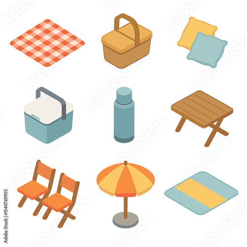 Picnic Essentials Icons. Isometric Flat icon set of picnic blanket essentials: picnic blanket, basket, lazily laid pillows,