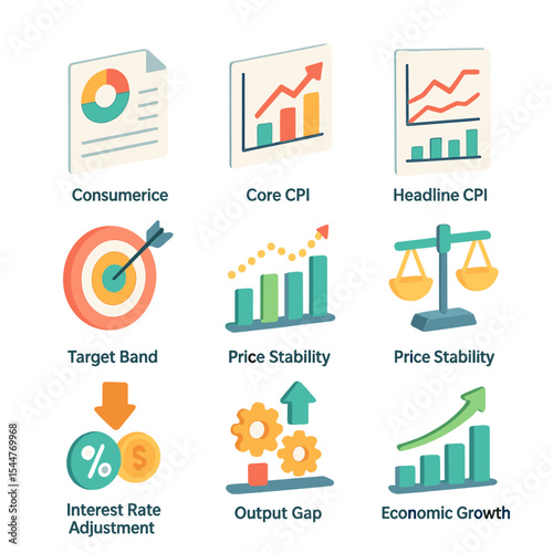 Inflation Targeting Icons. Isometric Flat icon set of inflation targeting framework: consumer price index, core CPI, headline CPI,