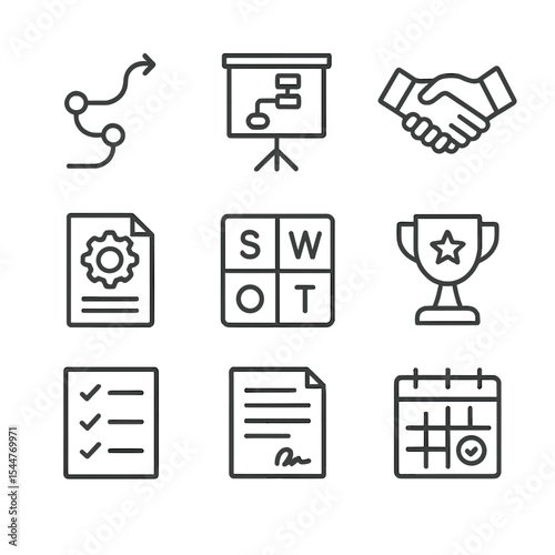 Consulting Icons Set. Outline icon set of consulting and strategy services: roadmap plan, workshop presentation screen,