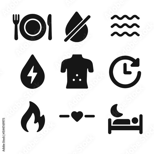 Fasting Icons Set. Solid, filled icons set of physical discipline during fasting: empty plate, no water icon,
