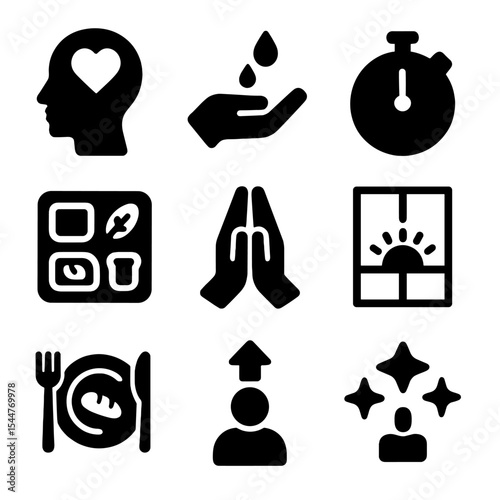 Fasting Icons Set. Solid, filled icons set of fasting preparation and ending: intention setting, cleansing