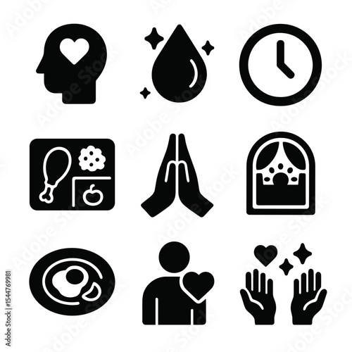 Fasting Icons Set. Solid, filled icons set of fasting preparation and ending: intention setting, cleansing
